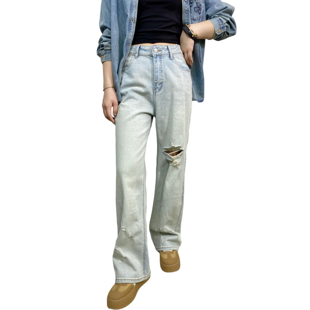 时尚破洞牛仔裤直筒高腰421010