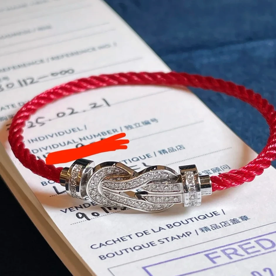 99新 FRED/斐登 小花6欢 八字扣 手绳 中号 18K白金 满钻