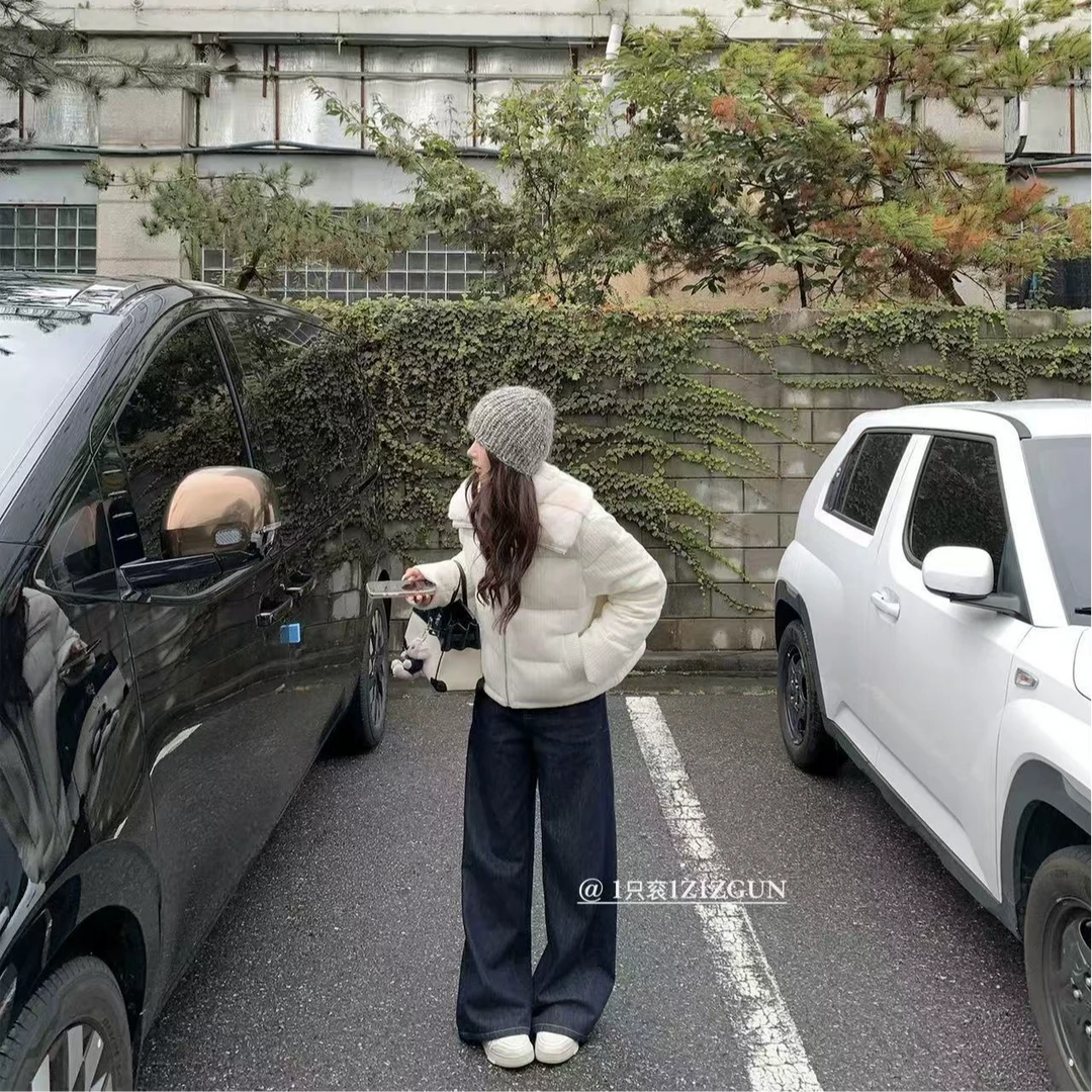 80516•白雪公主 YR# 90绒翻领竖纹短款羽绒服外套•