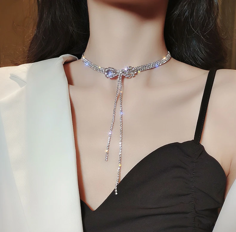 小众高级感蝴蝶结满钻流苏项链女锁骨链个性颈链轻奢