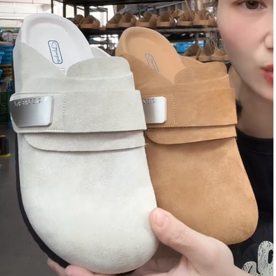 博肯鞋夏季百搭休闲舒适平底包头低跟经典时尚白色时装米色穆勒拖