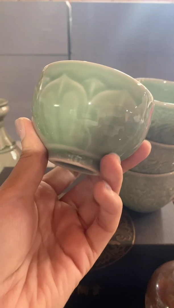 瓷片老货 青釉莲瓣纹杯 一个