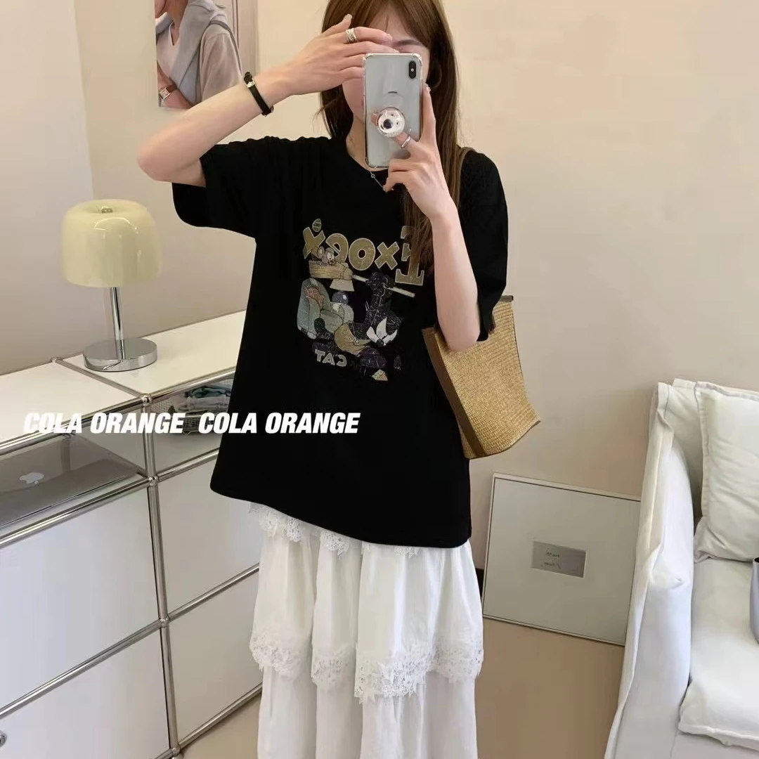 烫印通勤卡通印花中长款短袖T恤女宽松大版设计感时尚圆领重工潮