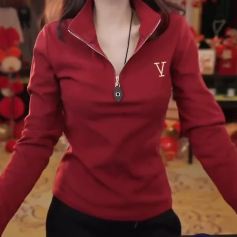 韩版时尚德绒设计感立领打底衫女气质刺绣半拉链显瘦保暖长袖上衣