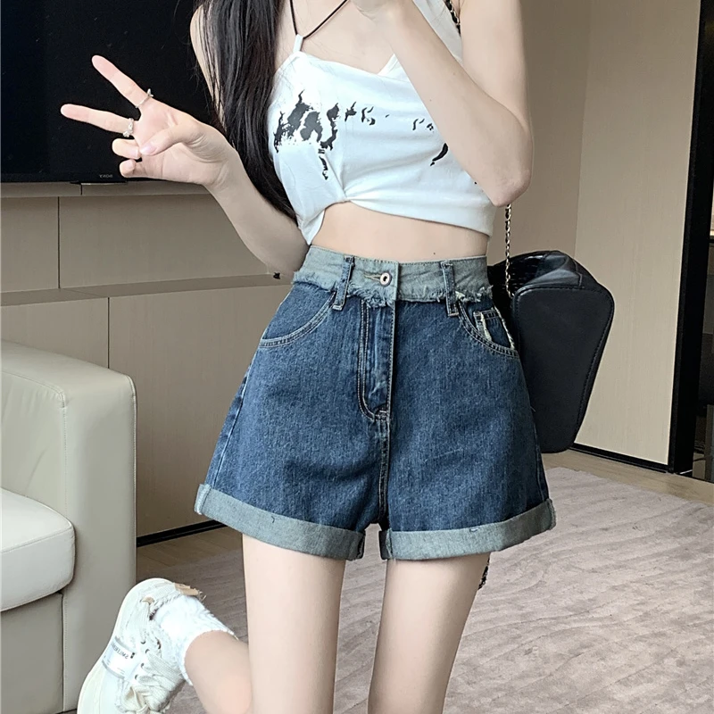 品哥弟新高腰卷边牛仔短裤女薄款复古阔腿宽松A字显瘦热裤
