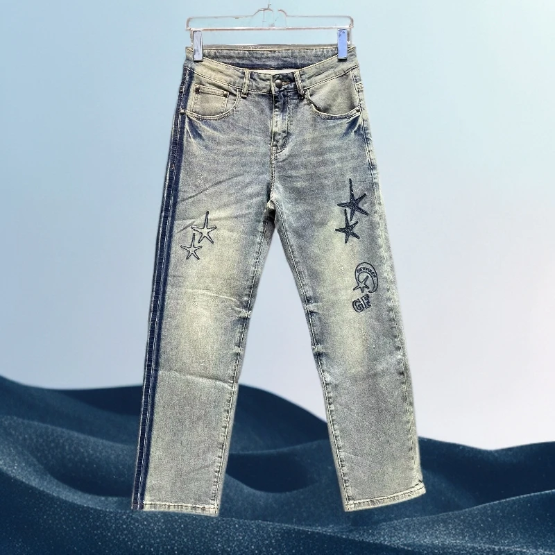 巴赛娜缇潮牌水洗直筒牛仔裤男春夏新款高街痞帅修身小脚裤休闲裤