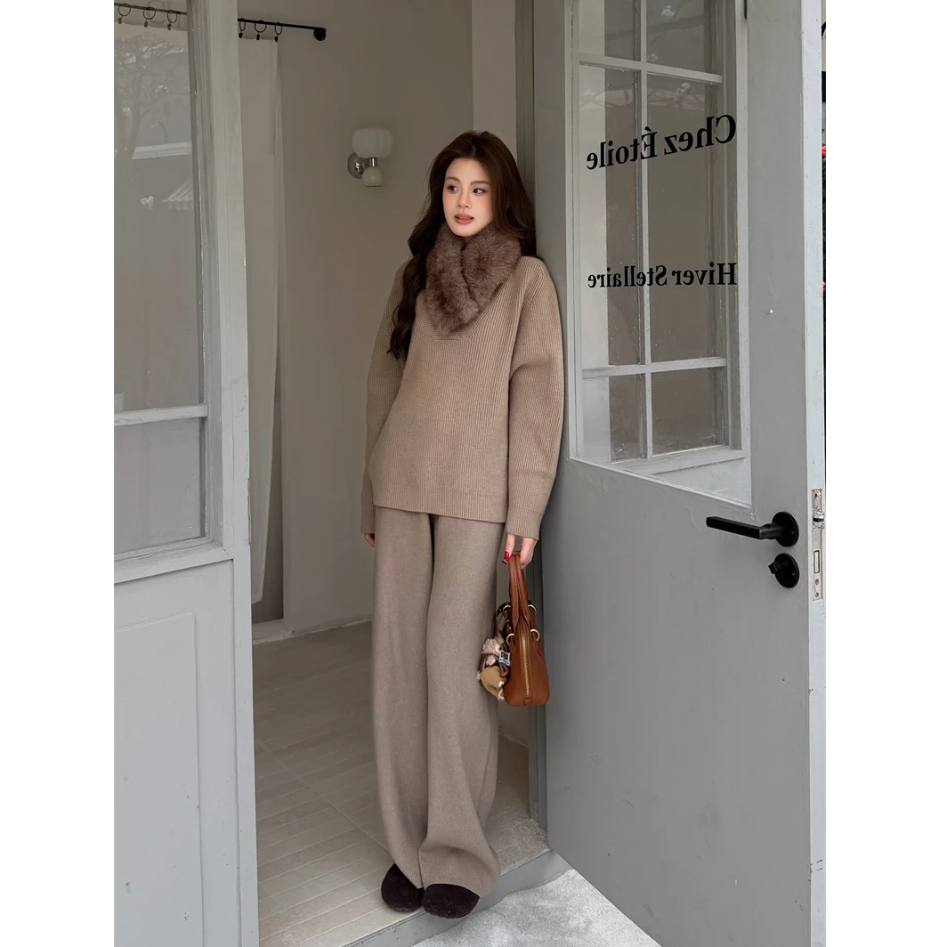 YPP!【茶香可颂】冬季新款慵懒感秋冬围脖针织衫毛衣三件套装