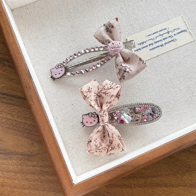 轻奢高级感碎花KT猫蝴蝶结满钻重工发夹优雅闪钻边夹刘海碎发发饰