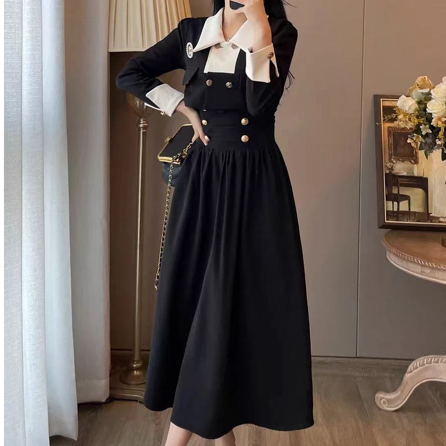 小香风两件套装女春装新款复古赫本风高级感气质显瘦黑色连衣裙