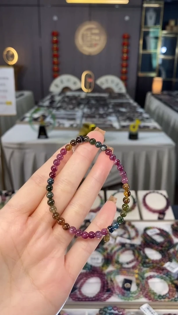 未镶嵌老矿碧玺色标彩虹单圈手串4mm+碧玺dan多样性发货一条