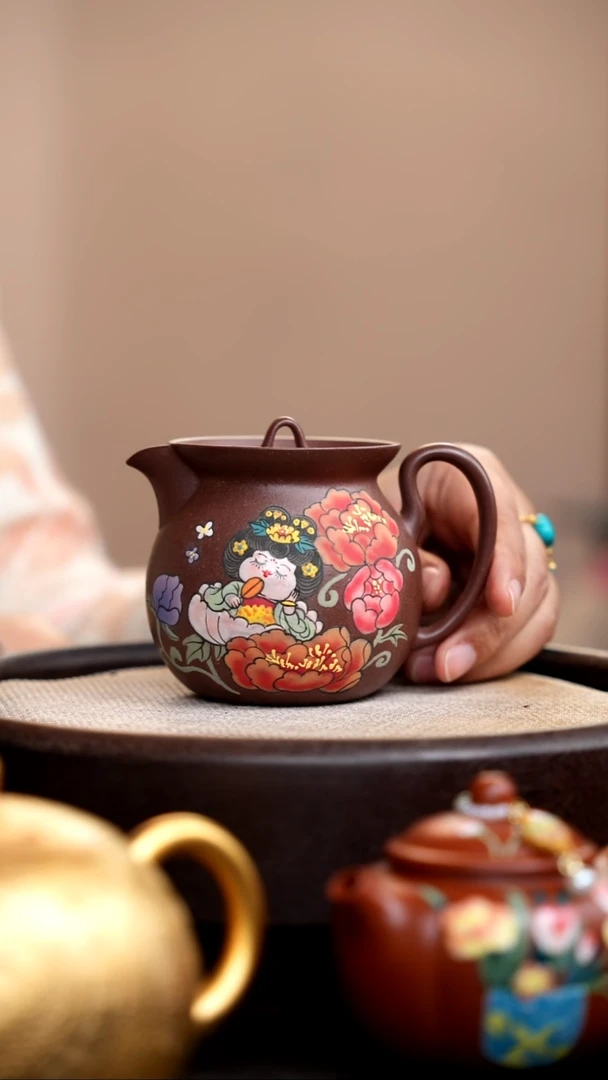 茶壶紫砂紫泥蜜罐泥绘唐美人牡丹