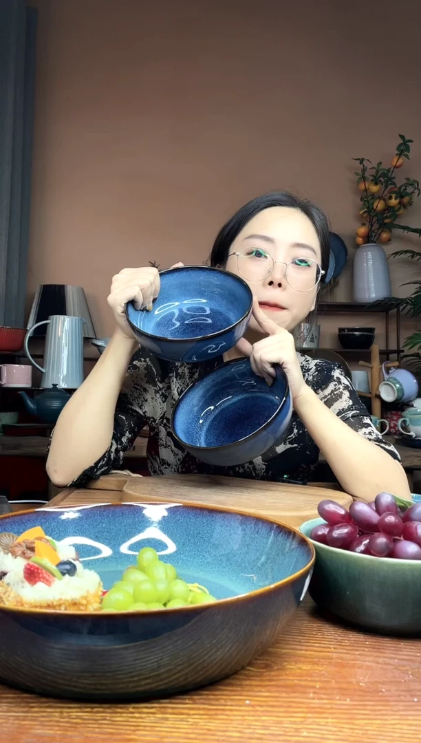 陶瓷6.5英寸蓝色双层窑变釉工艺面碗 2件装 微瑕疵