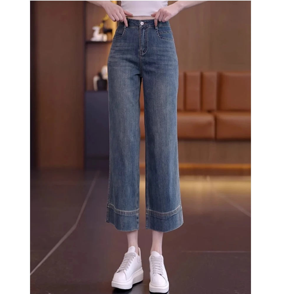 八分阔腿牛仔裤女夏季夏天新款高腰薄款宽松小个子九女裤夏季薄款