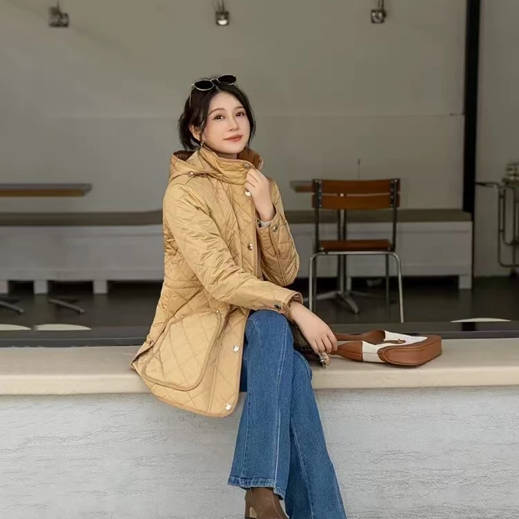 2024秋冬新款连帽菱格中长款棉服女时尚休闲高级保暖棉服外套