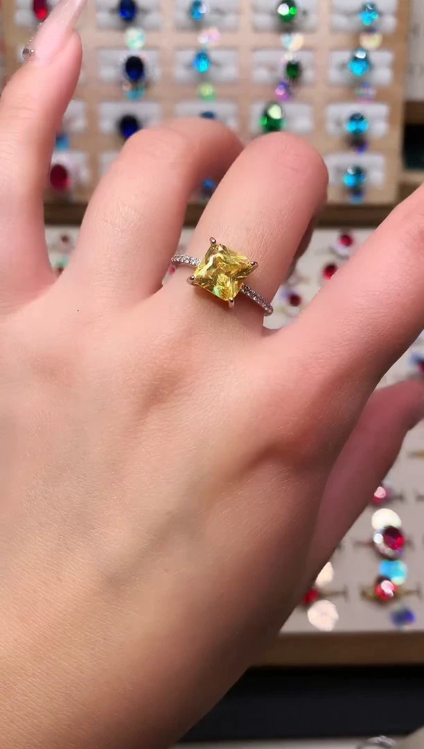 银S925镶嵌戒指黄色碧玺方8*8 戒指