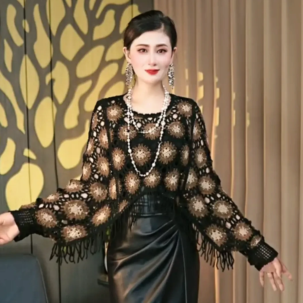 针织衫上衣早秋款圆领镂空衣服流苏高质感针织罩衫气质百搭长袖