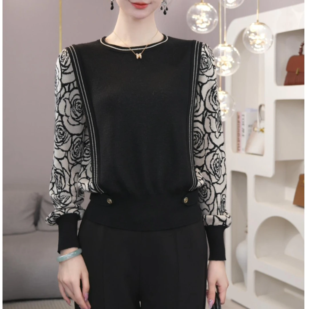 2025早秋新款【5871-1】含绵羊毛黑色套头针织衫毛衣上衣女