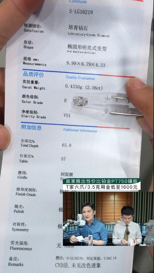 裸石实验室培育钻石.****一2.16ct椭圆E色VS1