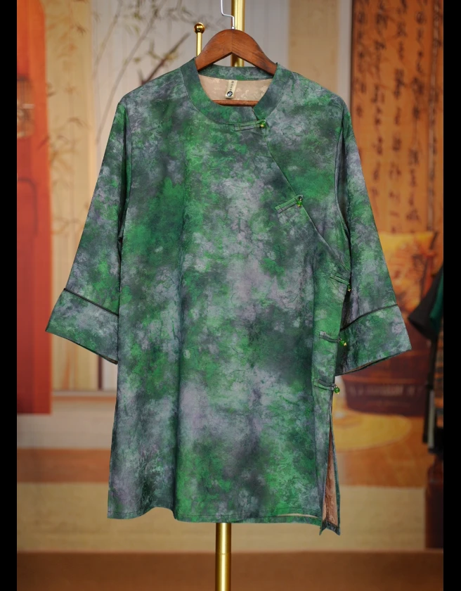 黛绿云纹春款斜襟中长复古奥黛长衫