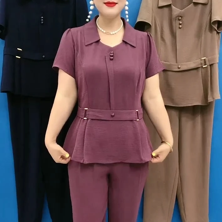 夏款百搭减龄妈妈装两件套2025新款宽松休闲大码中老年女装两件套