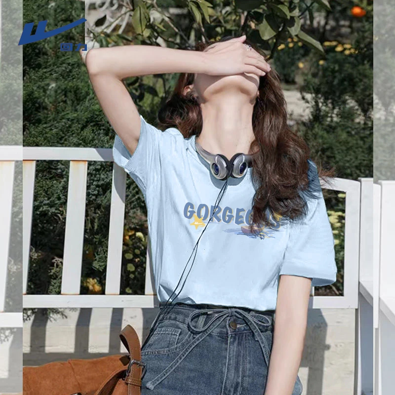 回力蓝色短袖女款2025年新款夏日出游时尚潮流洋气穿搭圆领t恤L