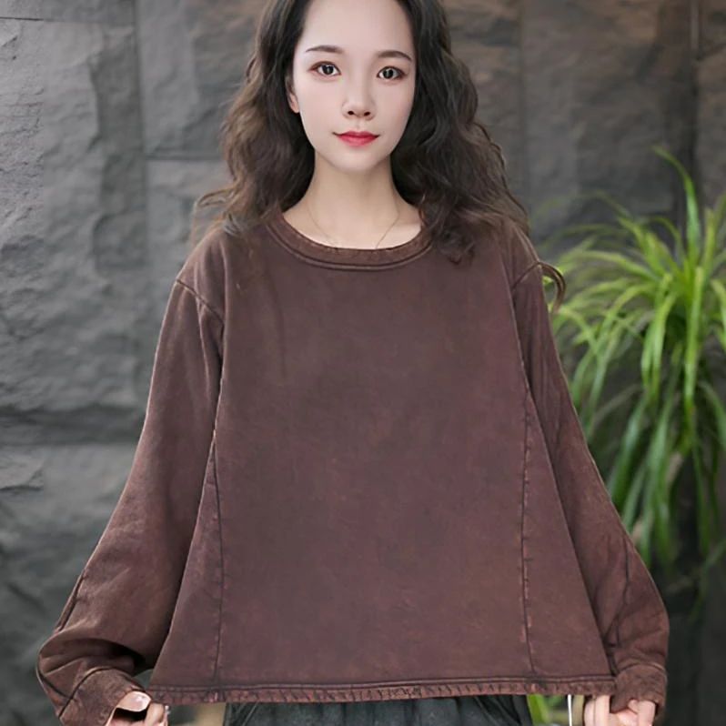 JJ【加绒】长袖做旧圆领套头加绒加厚款卫衣宽松女士加绒文艺复古