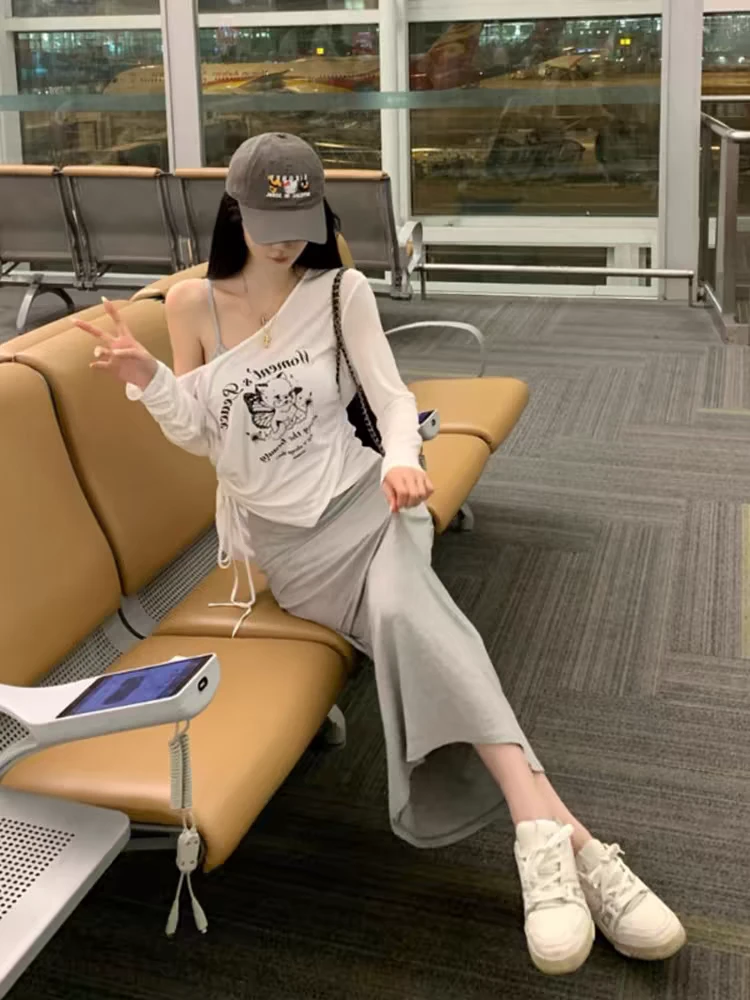 纯欲性感辣妹修身显瘦无袖吊带长裙子女时尚宽松T恤上衣套装8081