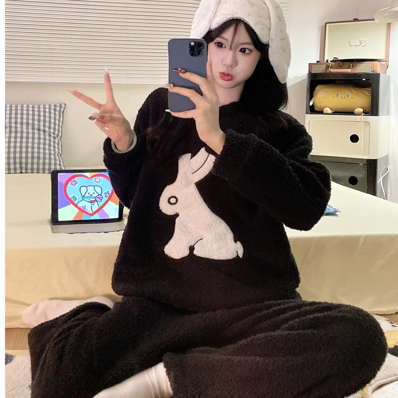 韩版可爱小兔子半边绒睡衣套装新款冬季加厚毛绒家居服两件套