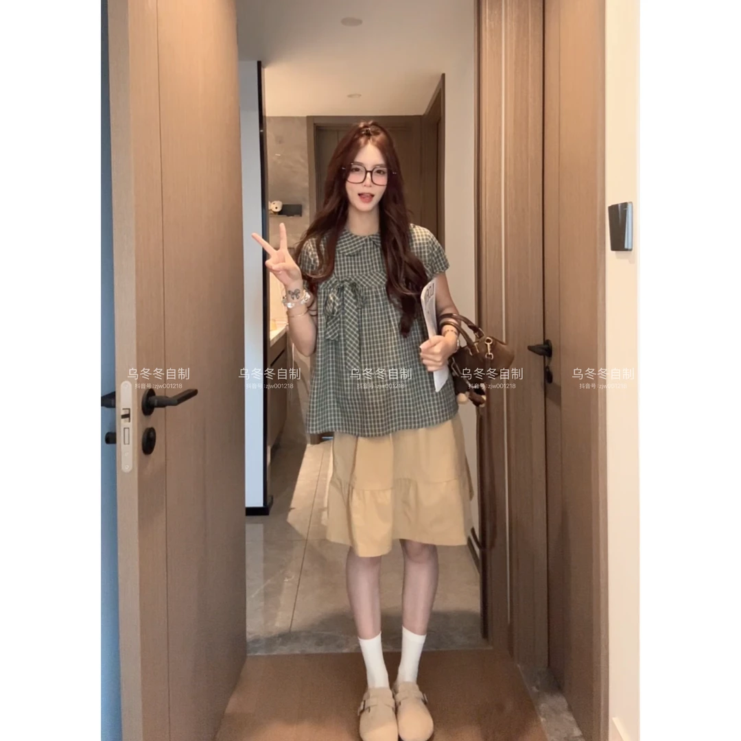 【乌冬自制】“礼物盒子”甜美蝴蝶结娃娃领短袖衬衫+裙子～