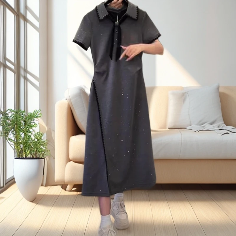 设计师爆款翻领拼接微开叉气质夏季新款连衣裙女