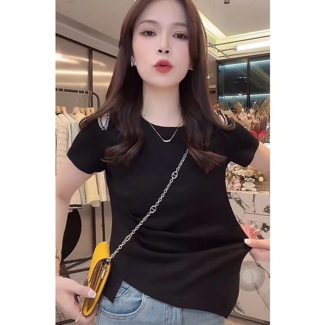 2025新款T恤纯欲风夏季短袖上衣时尚百搭修身显瘦设计感圆领T恤女