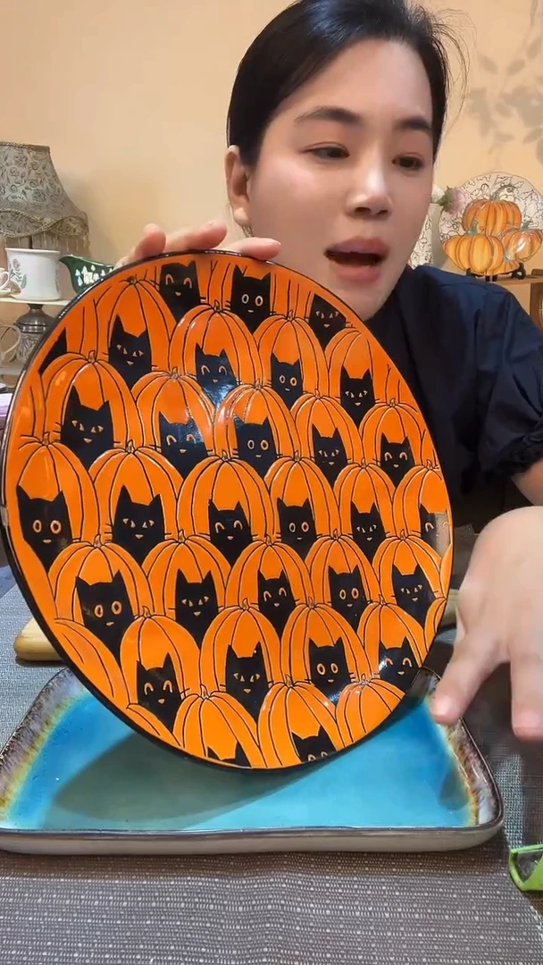 瓷片11英寸南瓜猫咪盘 微瑕介意勿拍