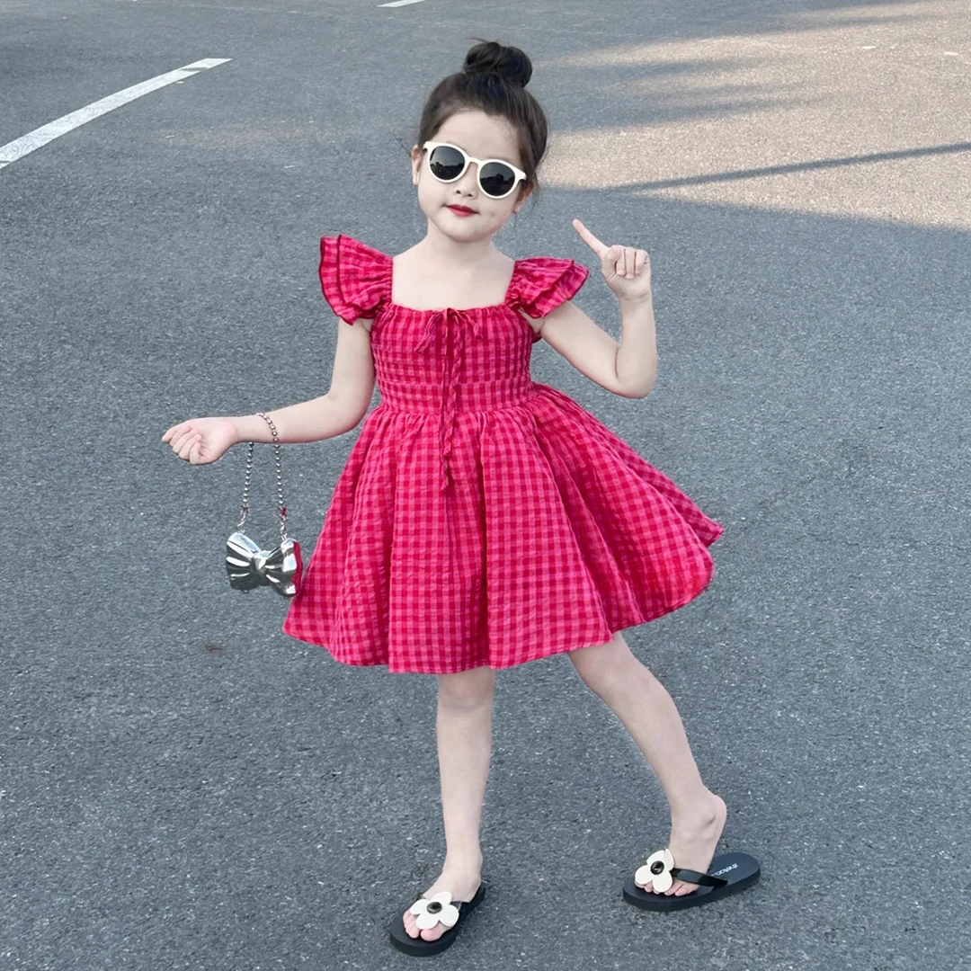 女童火龙果色格子小飞袖连衣裙2025夏季新款小女孩甜美度假连衣裙