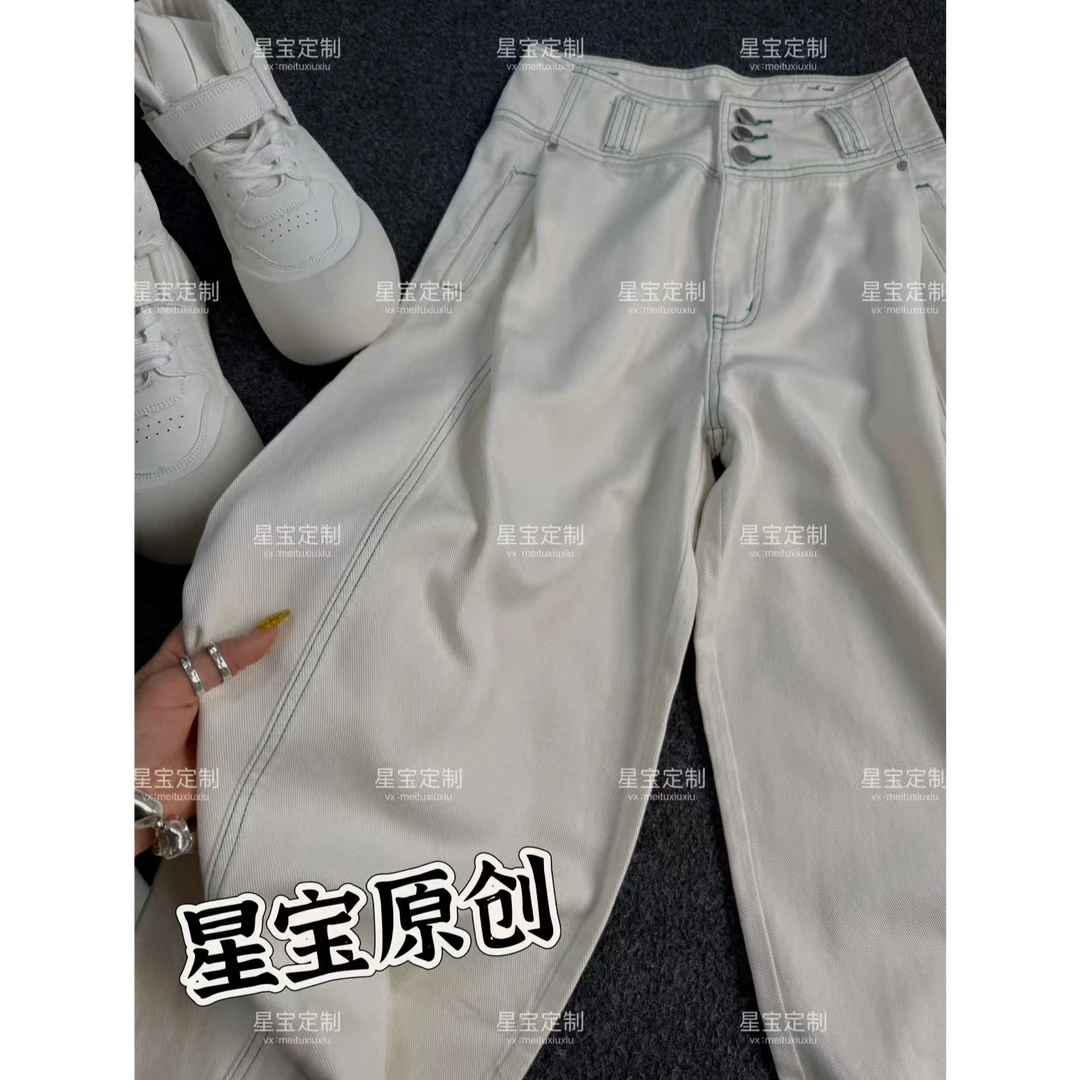 白色新款原创小众设计师ins风时尚夏季高腰牛仔长裤休闲裤弯刀裤