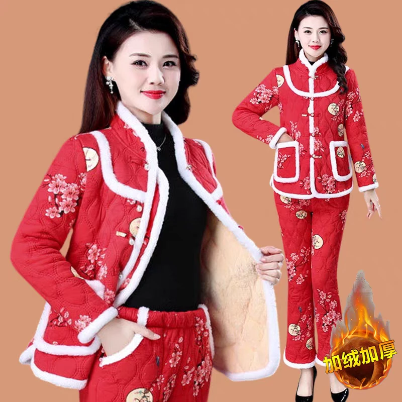 （加绒加厚套装）盘扣棉衣加绒保暖套装冬季民族风中年女式仿古棉袄