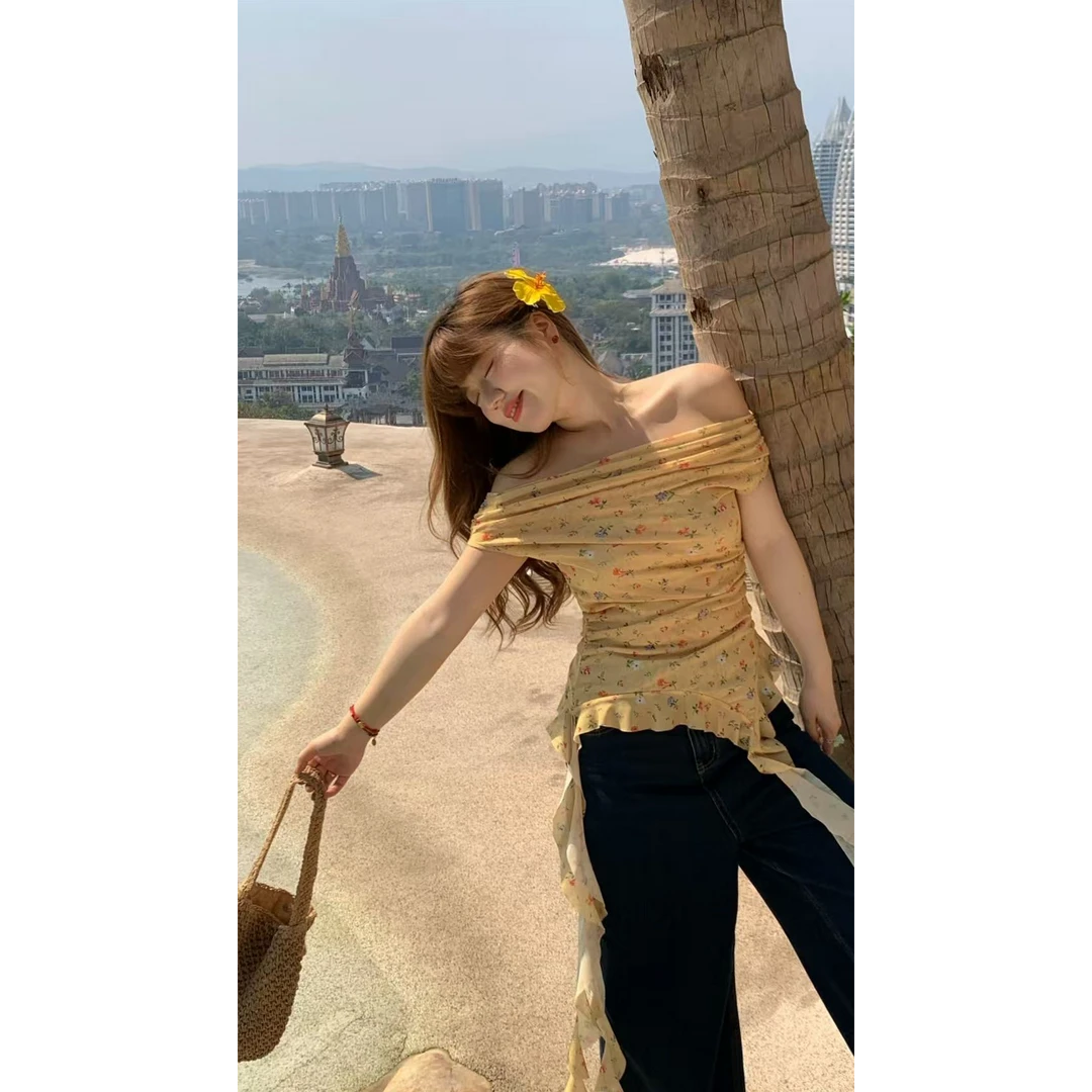 米米子定制无袖碎花T恤上衣显瘦法式夏季露肩设计款下摆飘带上衣