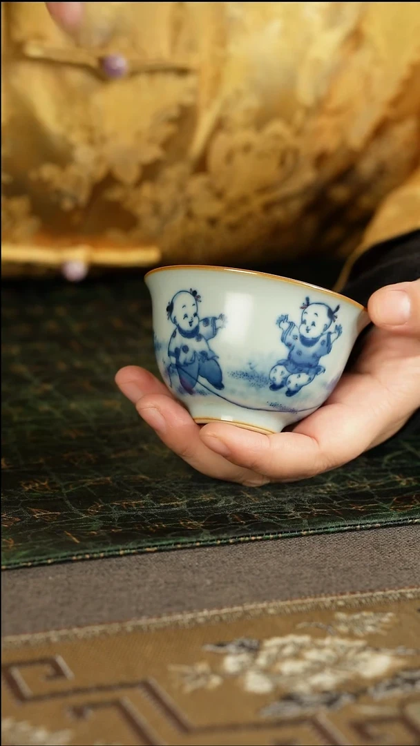 善窑厂汝窑青花童子主人杯
