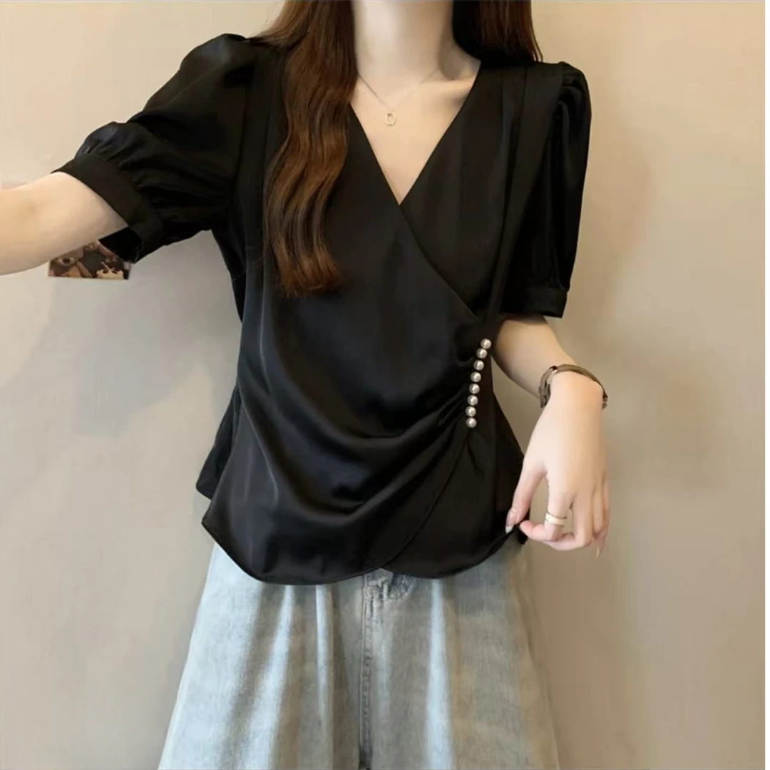 大码女装遮肚子小香风V领衬衫女夏季胖妹妹收腰显瘦短款正肩上衣