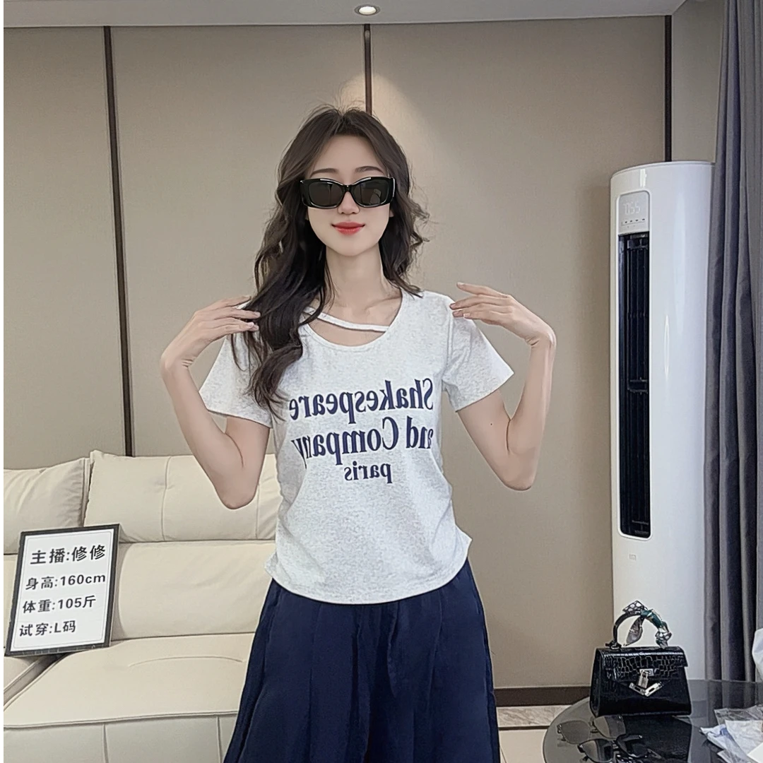 印花短款透气字母短袖T恤韩版显瘦休闲夏季设计感圆领时尚百搭
