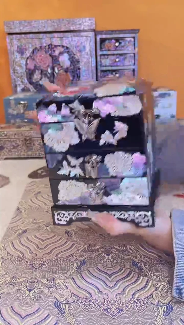 瓷片螺钿工艺香椿木首饰盒