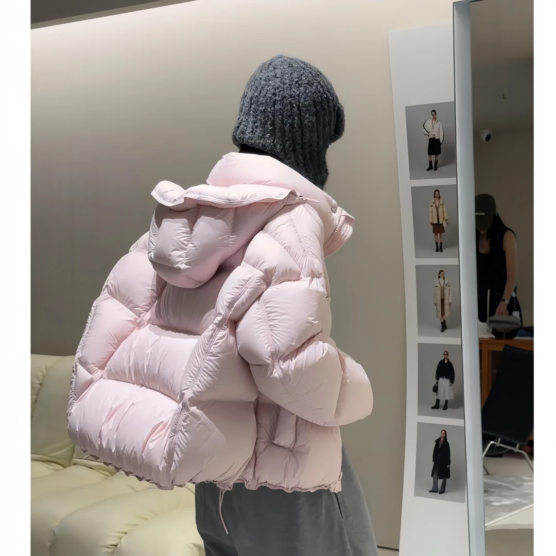 粉色泡芙羽绒服女短款2025冬季新款宽松小个子90白鸭绒面包服外套