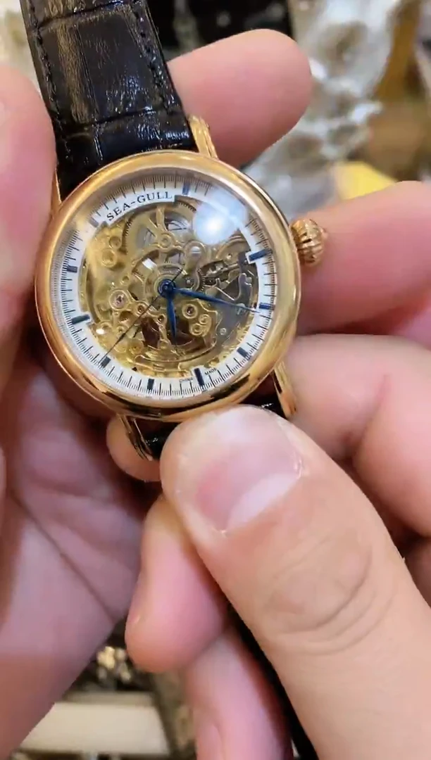 真皮老海鸥玫瑰金全自动机械男表