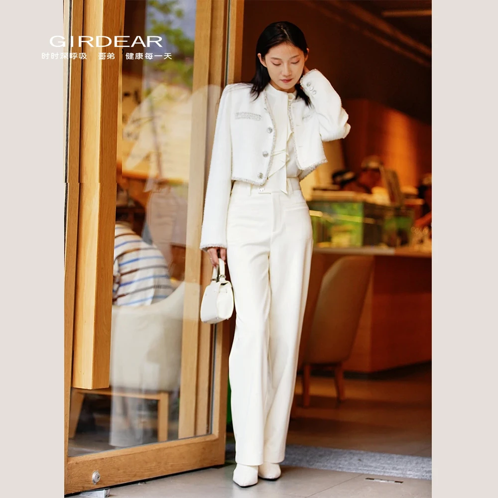 GIRDEAR/哥弟秋冬新款高腰两粒扣植绒宽松阔腿爆款直筒裤1100469
