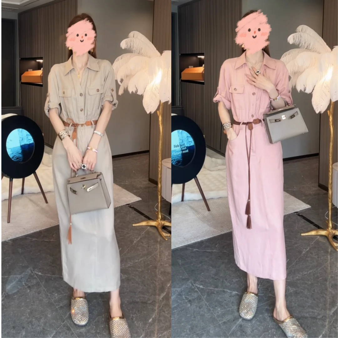法式复古V领连衣裙女2025年夏季老钱风绑带收腰显瘦短袖开衩A字裙