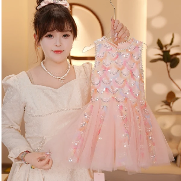 【Y.ZH3068】25新款女宝亮片人鱼公主裙夏款甜美夏季女宝气质公主裙