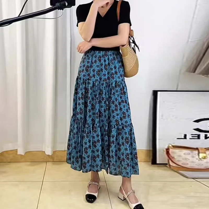 大码女装夏季碎花高腰垂感百褶半身裙中长款抽绳休闲大摆长裙5977