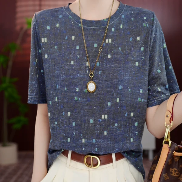 TX011杭州原版2025新款T恤“蓝墨星”宽松撞色短袖t时尚上衣打底女