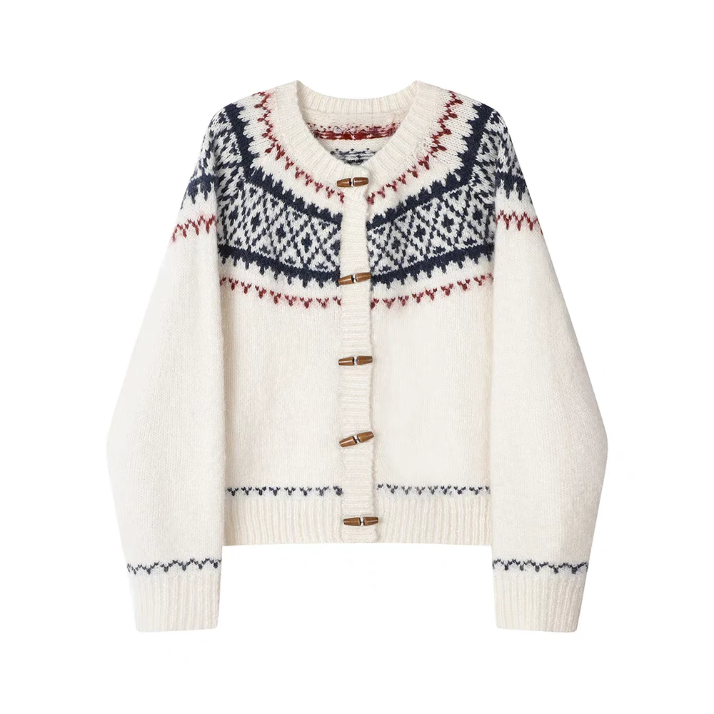 小香风圆领气质短款毛衣外套女秋冬季新款提花加厚竹筒扣针织开衫