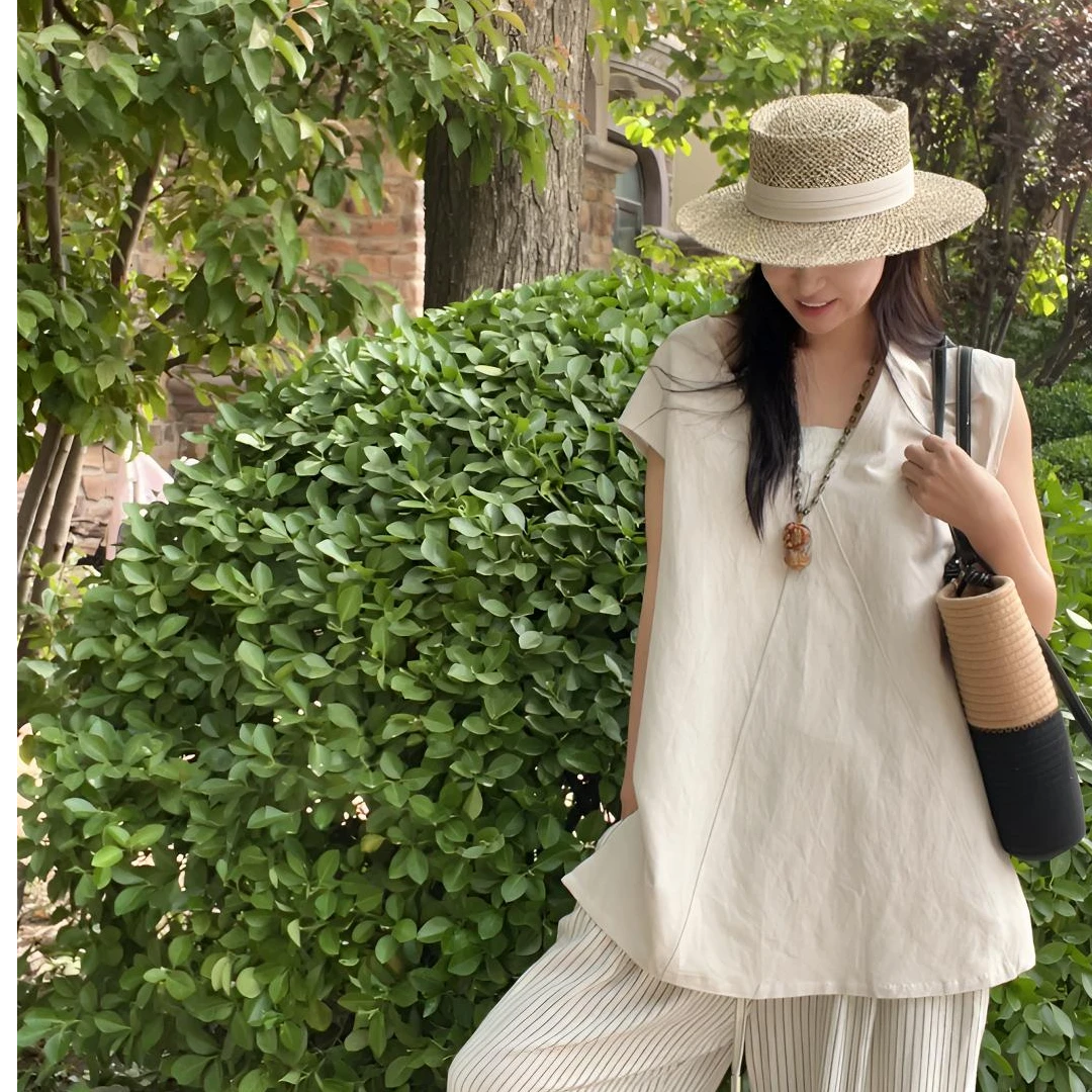 【铁羊专属】春日相片”韩单夏款老钱亚麻时尚舒适V领背心26133