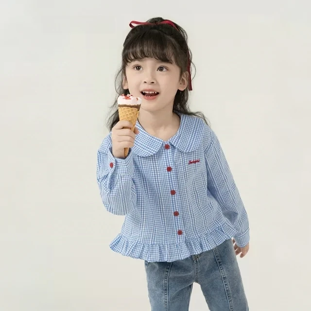 2025新款女童春秋装儿童衬衫格纹上衣小女孩娃娃衫衬衣超时尚翻领
